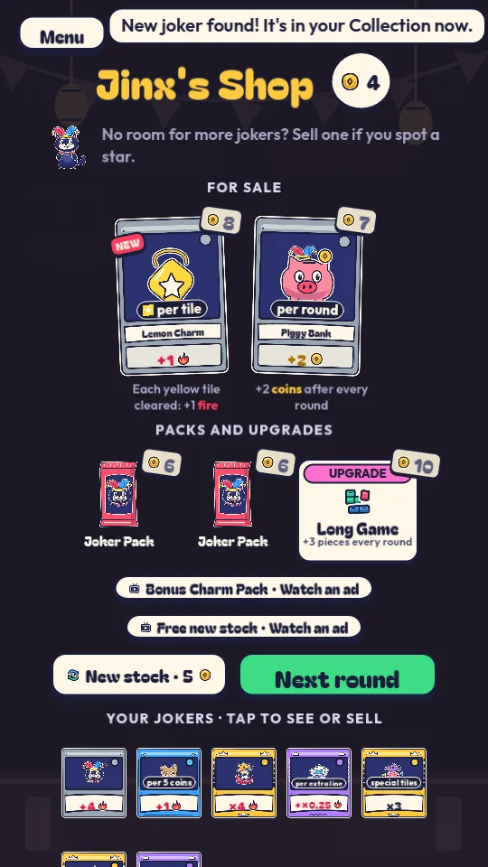 Jinx's shop with jokers and packs for sale